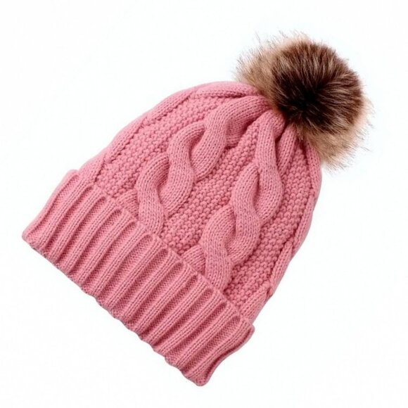 Haylee Glenn Pink Fleece Lined Cable Knit Fur Pom Pom Beanie Hat Gift Packaged - Picture 3 of 9